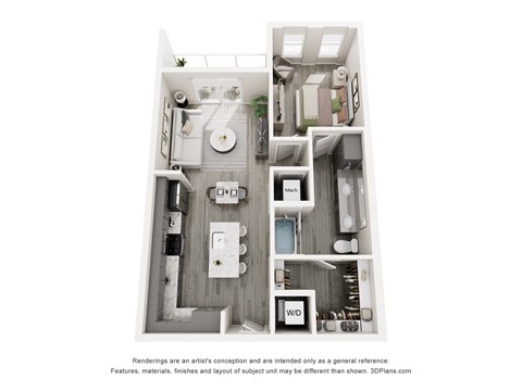 Floor plan for 1 bed, 1 bath, 730 sqft